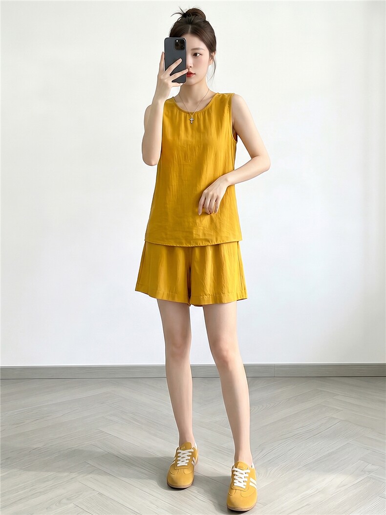 韩版休闲时尚套装女夏款个性简约纯色圆领无袖上衣阔腿短裤两件套,女装套装/套裙,江南