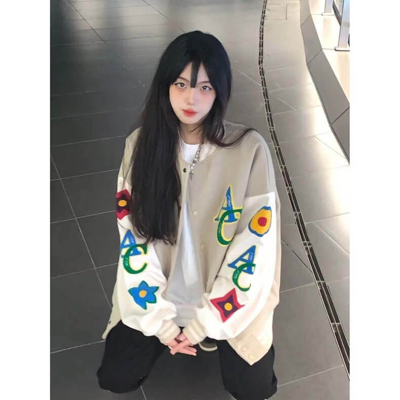 美式休闲彩虹碎花系列毛巾绣植绒夹克杏色单排扣棒球服外套,女装卫衣/绒衫,星座218-8