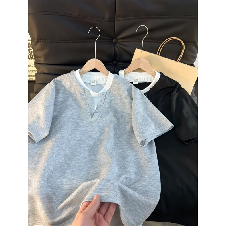 2026新款假两件v领重磅短袖T恤男夏季潮牌休闲简约百搭YY819-P35，男装T恤，电商C216