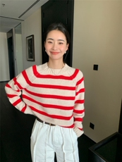 新款女圆领条纹插肩加厚针织衫宽松百搭外穿毛衣，女装针织衫/毛衣，玛卡隆羊绒