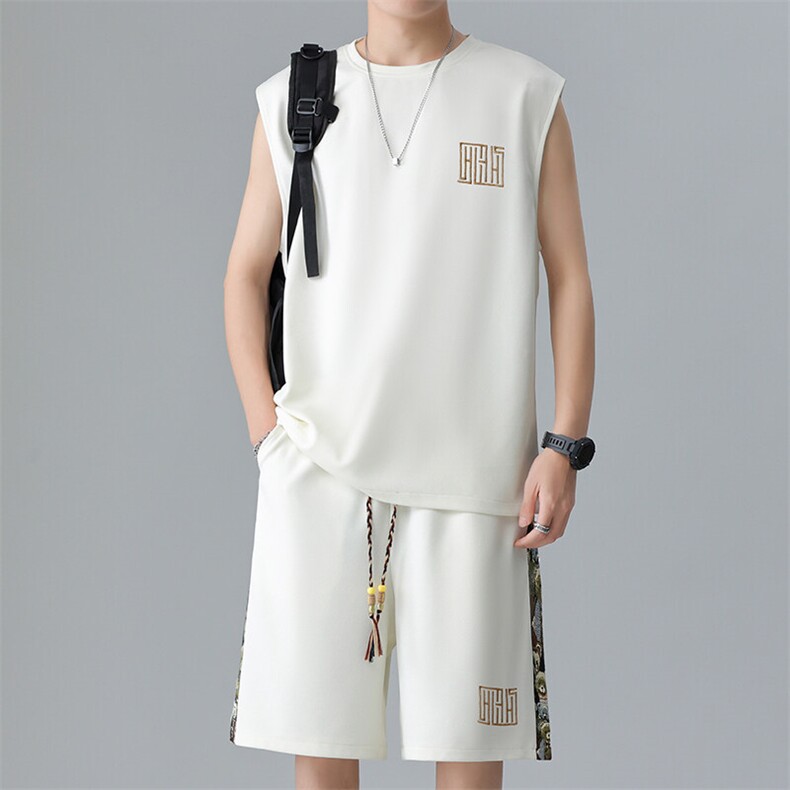 拼接短裤两件套夏季男士背心套装男刺绣休闲运动A266-TZ1107-P43,男装牛仔裤,电商A266