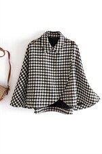 2024秋冬季收腰显瘦格子千鸟格毛呢斗篷宽松舒适版型时尚风衣，女装毛呢外套，雅静靓衣