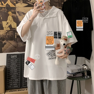 LD54121-P45 NASA连帽短袖t恤男大码胖子带帽五分袖中袖图片
