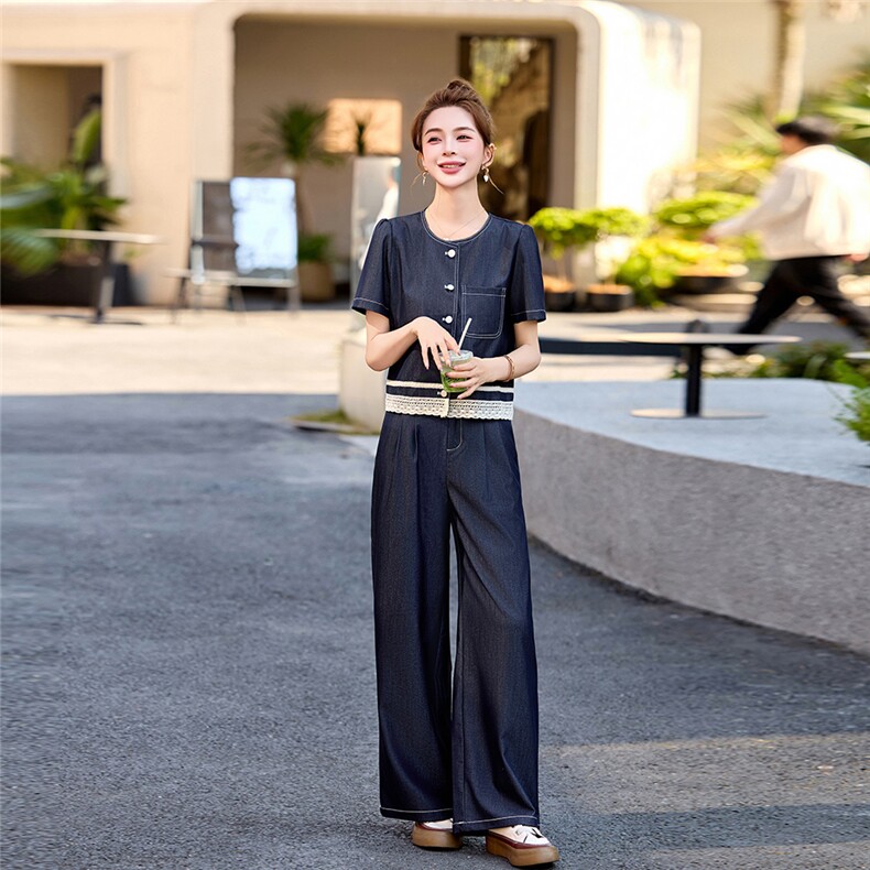 2025年夏季时尚潮流短袖圆领两件套,女装套装/套裙,秀美人生