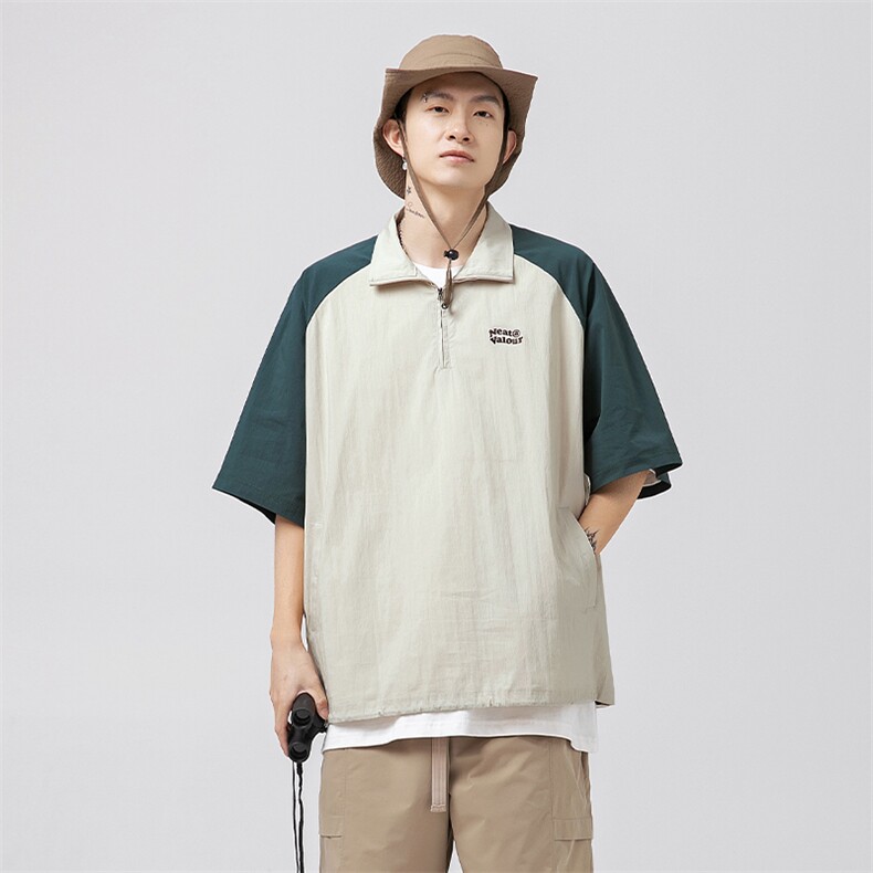 日潮OVERSIZE版|潮牌撞色插肩袖T恤半拉链工装短袖K1792-P55控88,男装T恤,电商A362