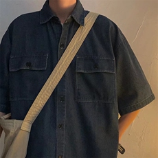 夏季ins潮牌牛仔短袖衬衫男潮流高街情侣设计感小众衬衣CS881-p42，男装T恤，星座1008-2