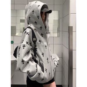 美式复古十字架印花2025新款连帽卫衣男女W3092常规P53加绒P58图片