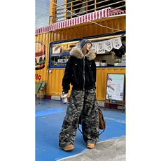 现货重磅boxy短款棉衣座山雕大毛毛领男女棉服水洗工装厚外套，男装棉衣，电商A486