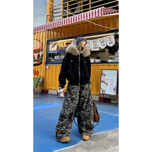 现货重磅boxy短款棉衣座山雕大毛毛领男女棉服水洗工装厚外套图片