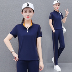 夏季立领短袖运动服套装女2023新款中年妈妈时尚休闲跑步服两件套，女装套装/套裙，燕颉服饰