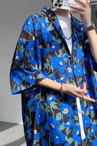 8XL-M 冰丝凉感衬衣垂感透气复古花纹宽松男五分袖短袖衬衫CS526图片