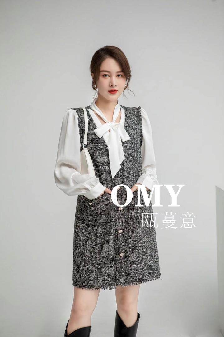 小香风假两件连衣裙，女装连衣裙，OMY 瓯蔓意