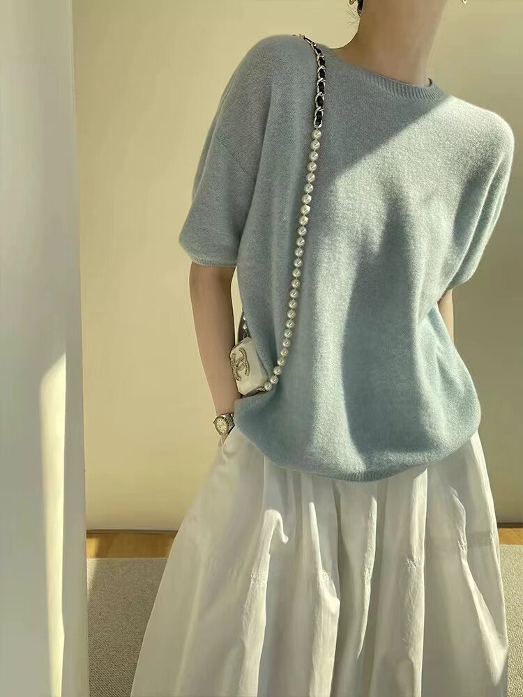 早秋新款针织衫上衣女纯色宽松中袖七分袖大码遮肚子,女装T恤,半城羊绒