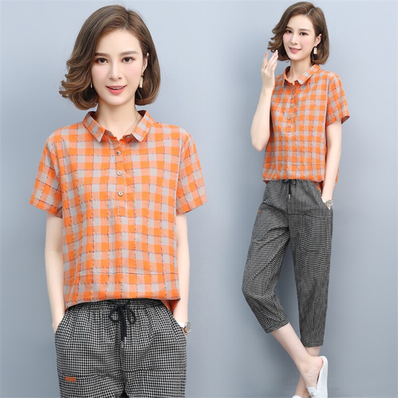 清仓捡漏专柜撤回大牌外贸女装文艺复古休闲上衣宽松大码格子T桖，女装套装/套裙，璐依舞