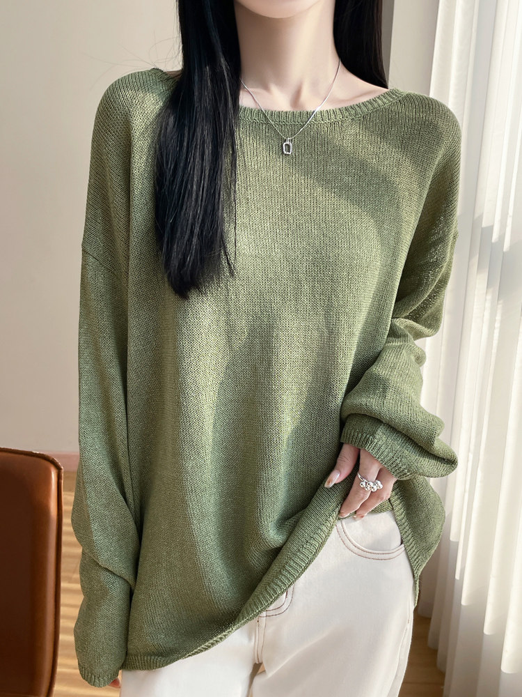 宽松简约百搭亚麻长袖T恤女2025夏微透松弛感显瘦罩衫纯色薄上衣,女装蕾丝衫/雪纺衫,东远绒业