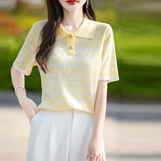 翻领条纹短袖t恤女夏季2025新款打底衫洋气女装冰丝针织上衣，女装T恤，思牵羊绒