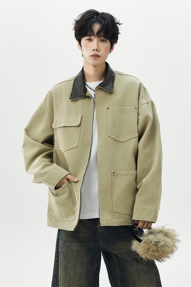 美式巴恩风PU翻领工装外套短款cleanfit机车夹克3642-特P88控160,男装夹克,电商B295