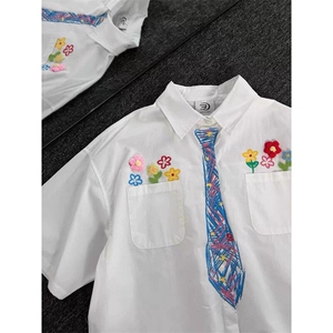 学院风涂鸦花朵领带短袖衬衫ZC0128-特批32图片