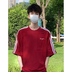 抖音得物高品质二开240克宽松纯棉美式潮牌三条杠织带短袖T恤，男装T恤，电商A486