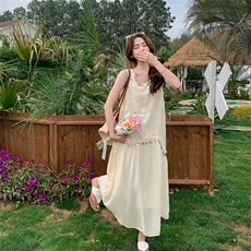 韩系重工蕾丝刺绣连衣裙女2025夏新款法式温柔风茶歇绝美拼接长裙，女装连衣裙，欣美人