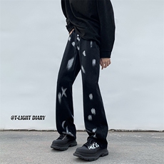 B221美式ins高街小众情侣款喷墨微喇牛仔裤LK22080-P60控78，男装牛仔裤，电商B221