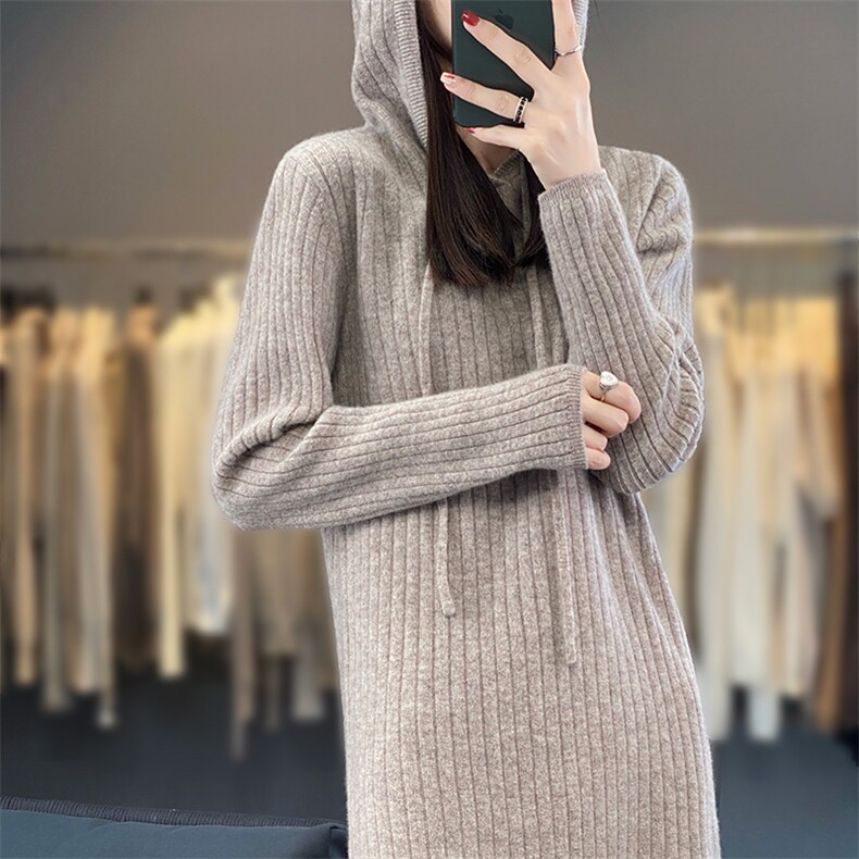 秋冬季新款女时尚中长款连帽竖条大码羊毛衫,女装羊毛衫,江杉羊绒