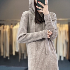 秋冬季新款女时尚中长款连帽竖条大码羊毛衫，女装羊毛衫，江杉羊绒