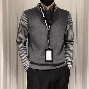 秋冬男假两件毛衣衬衫领条纹针织衫休闲外套M552P55,白色衬衫怎么搭配半身裙子才好看图片