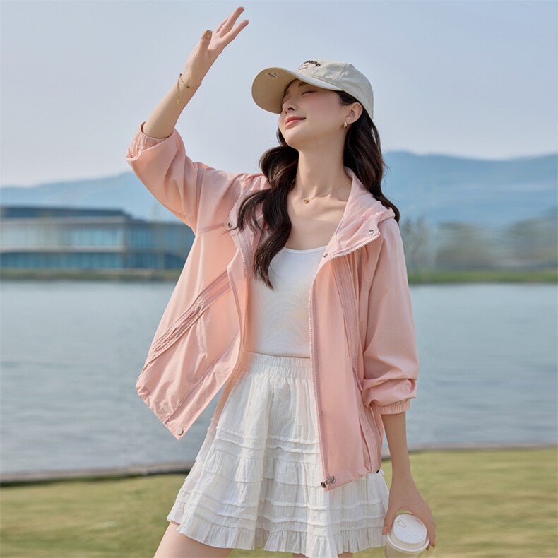 粉色时尚连帽防晒衣女2025夏季新款休闲百搭透气轻薄款防晒服外套,女装防晒衣,悦祺