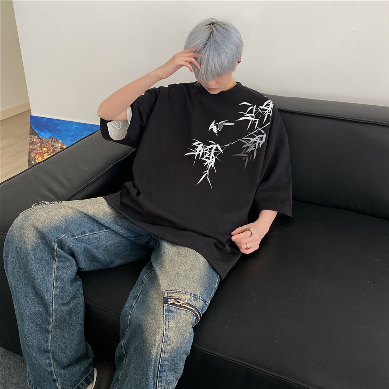 抖音品质直播得物风新中式竹叶印花短袖T恤dcm298-特批20控38,男装T恤,星座605(原A050)