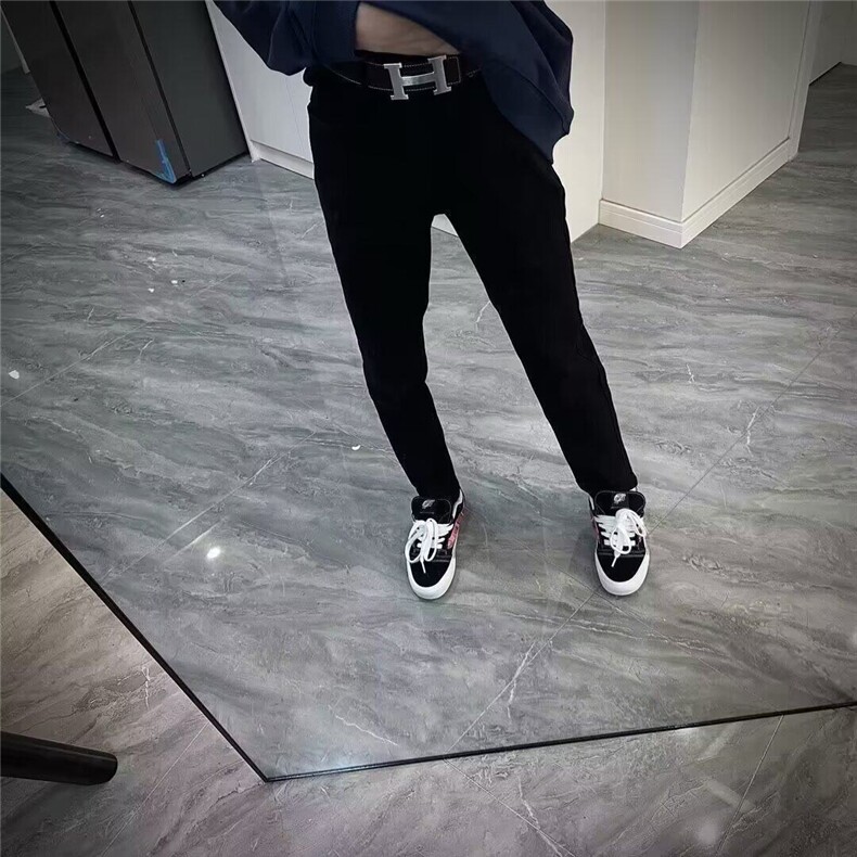 春秋新款刺绣猫头牛仔裤男网红同款潮流百搭修身弹力小脚直筒长裤,男装休闲裤,星座506A