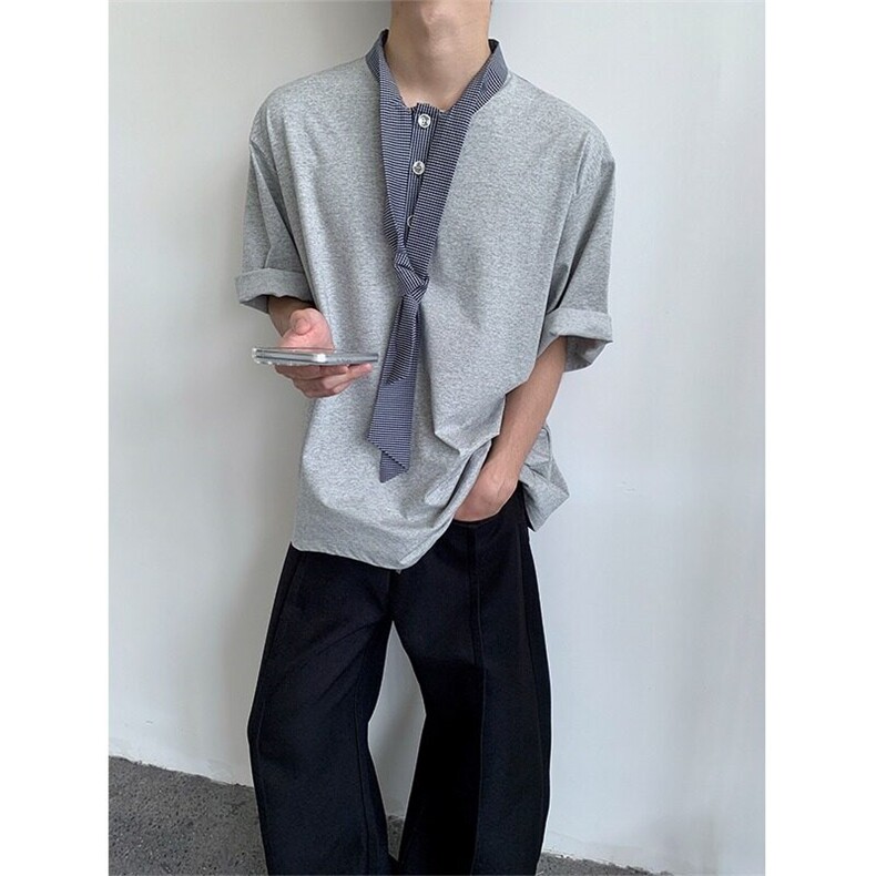 夏季松弛感飘带丝巾领拼接短袖polo衫男宽松领带T恤T81-P40，男装Polo衫，星座1001-1