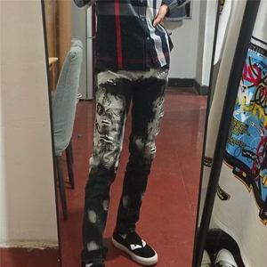 1506/QZK3190/P54牛仔裤男破洞泼墨个性时尚修身裤欧美风jeans潮图片