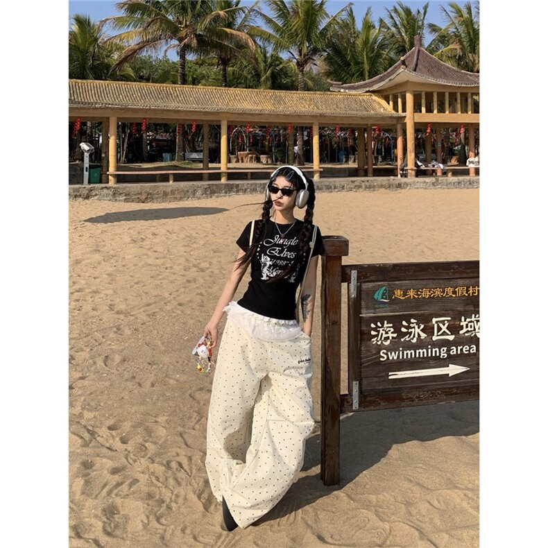 美式复古蕾丝边正肩短袖T恤女2025夏季辣妹修身短款打底衫上衣潮,男装T恤,星座506A