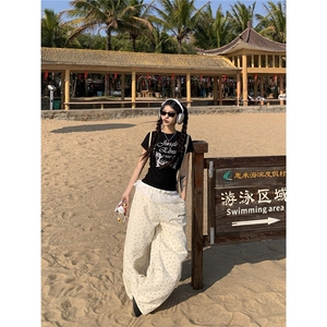 美式复古蕾丝边正肩短袖T恤女2025夏季辣妹修身短款打底衫上衣潮图片