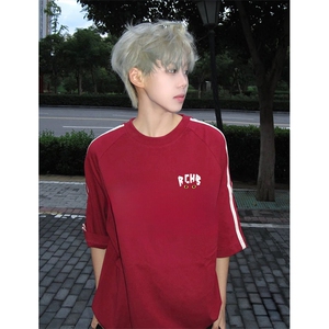 抖音得物高品质二开240克宽松纯棉美式潮牌三条杠织带短袖T恤图片