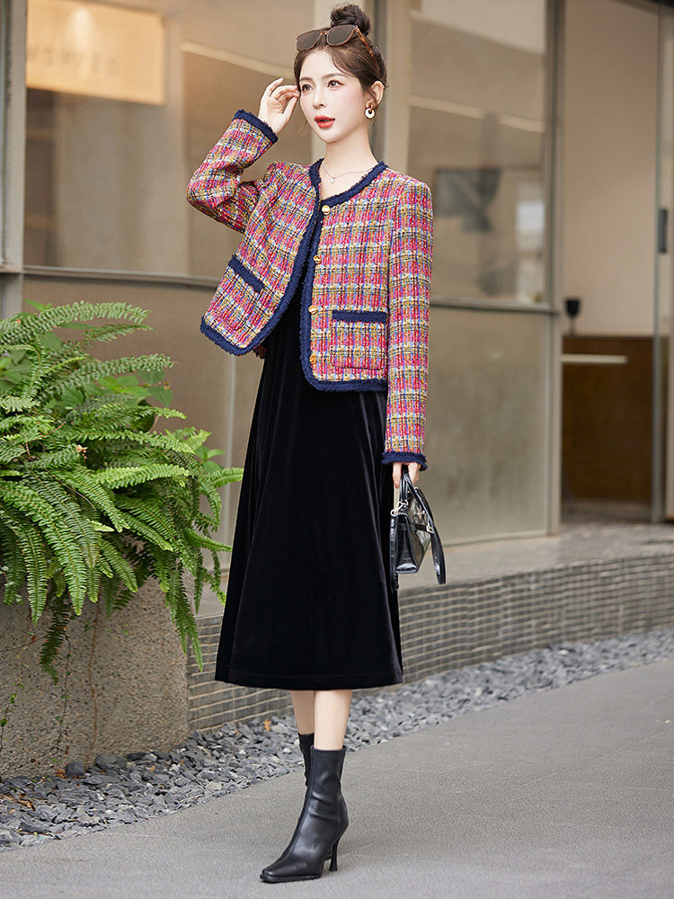 时尚小香风气质两件套连衣裙优雅显瘦长袖外套女秋冬季新款,女装套装/套裙,布芭啦