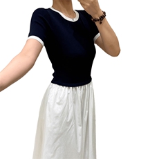 拼色圆领短袖拼接纯棉半身裙，女装连衣裙，优麦羊绒（原洪叶羊绒）