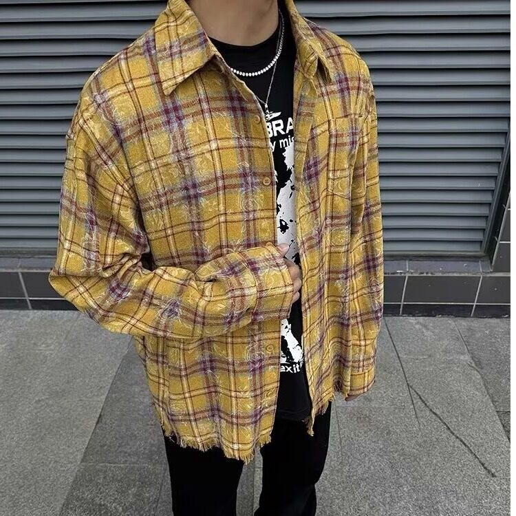 美式复古黄色格子花纹破边长袖衬衫男款潮流宽松休闲百搭情侣衬衣,男装衬衫,星座506A