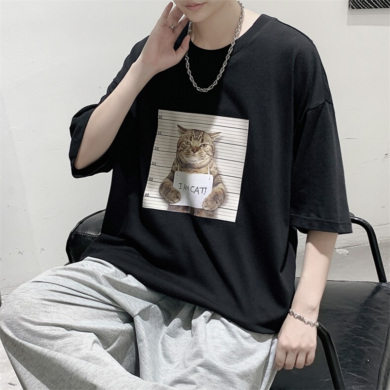 韩系素简监狱猫印花短袖T恤大码宽松男潮517A-1-T916-P28控38,男装T恤,星座517A-1