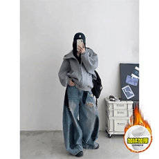 480G重磅加绒硬挺boxy男女秋冬美式高街防风高领卫衣开衫厚外套，女装短外套，电商A486