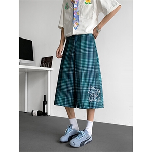 复古绿色格子刺绣七分裤男女夏季潮ins美式街头情侣阔腿过膝中裤图片