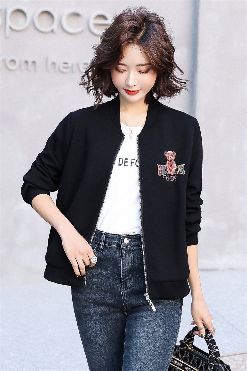 小个子短款棒球服女2025年春秋季新款百搭时尚小熊印花长袖外套,女装短外套,天丽