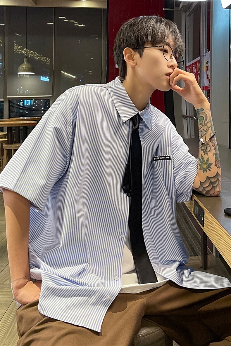 港风夏装2025新款短袖衬衫青少年男装半袖情侣衬衣HK14-P43领带3,男装T恤,电商A233-1