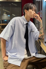 港风夏装2025新款短袖衬衫青少年男装半袖情侣衬衣HK14-P43领带3，男装T恤，电商A233-1