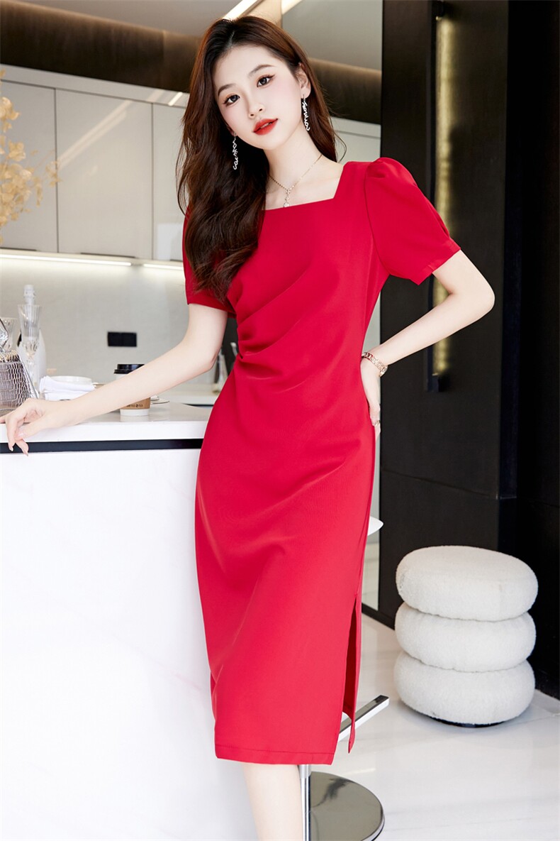 方领开叉短袖连衣裙女2025年夏季新款时尚百搭通勤中长裙,女装连衣裙,时尚俏佳人