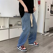 牛仔裤男秋季潮大码休闲裤子高街大抽绳棋盘格牛仔裤NZ22P45，男装牛仔裤，星座1116-2