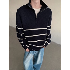 半拉链针织衫男士韩版潮流高街条纹拼色2024冬季毛衣MZ712-P51，男装针织衫/毛衣，星座412-3