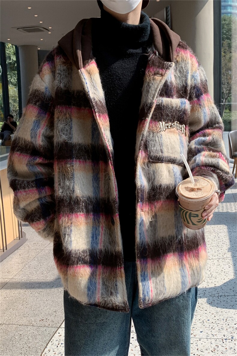 美式潮牌秋冬高级感小众毛呢夹克宽松刺绣格子连帽外套男女情侣装,男装夹克,星座505-2（原电商A260-1)