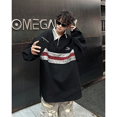 潮牌复古撞色拼接设计POLO领衬衫男女ins宽松废土风衬衫WB352-P61，男装Polo衫，星座412-2